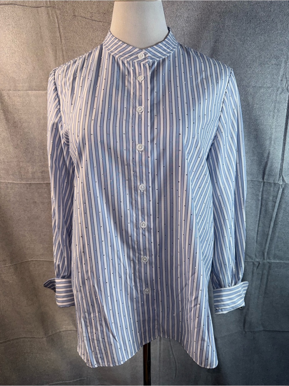 2195-Current Air Blue and White Vertical Stripe Band-Collar Shirt